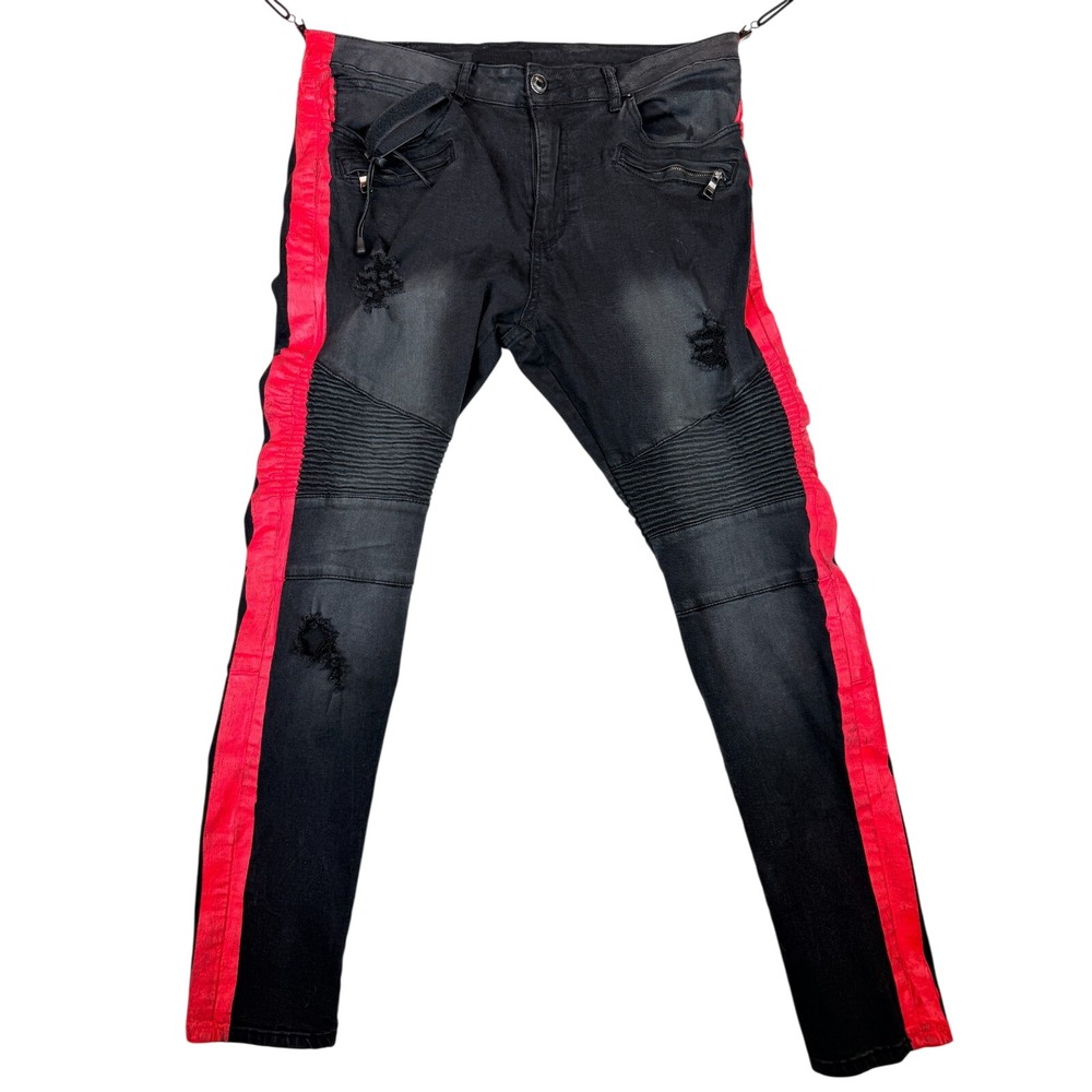 Distressed‎ Moto Biker Jeans Mens 36 Black Red Stripe Punk Grunge Y2K Streetwear